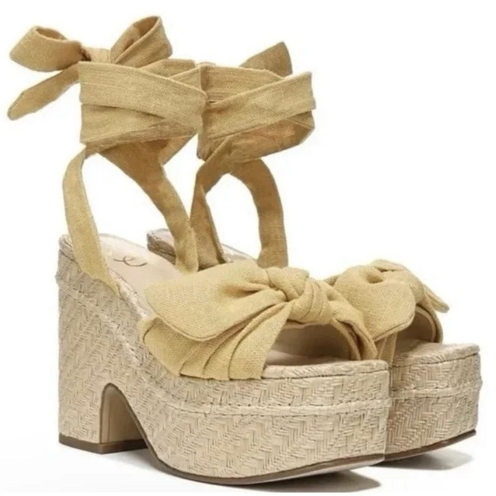 Sam Edelman Platform Sandal 9 Ankle Wrap Espadrille Bow Vacation Boho Chic Tan
